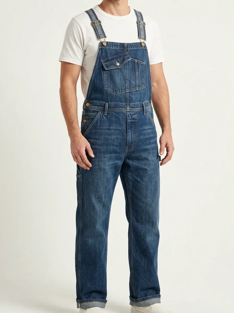 Men's Casual Vintage Blue Denim Bib Overalls