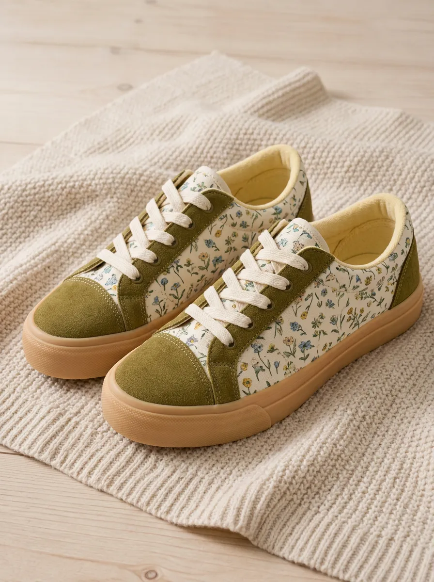 Women's Vintage Floral Olive Green Printed Sneakers