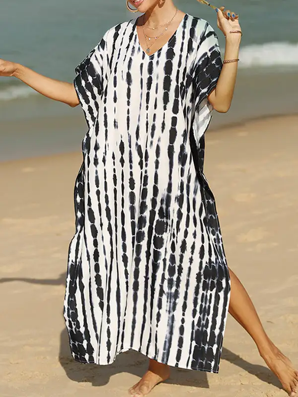 Split Printed Sleeve Neck Maxi Dress