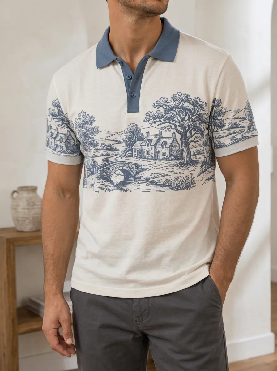 Men's Countryside Landscape Bridge Printed Polo Shirt