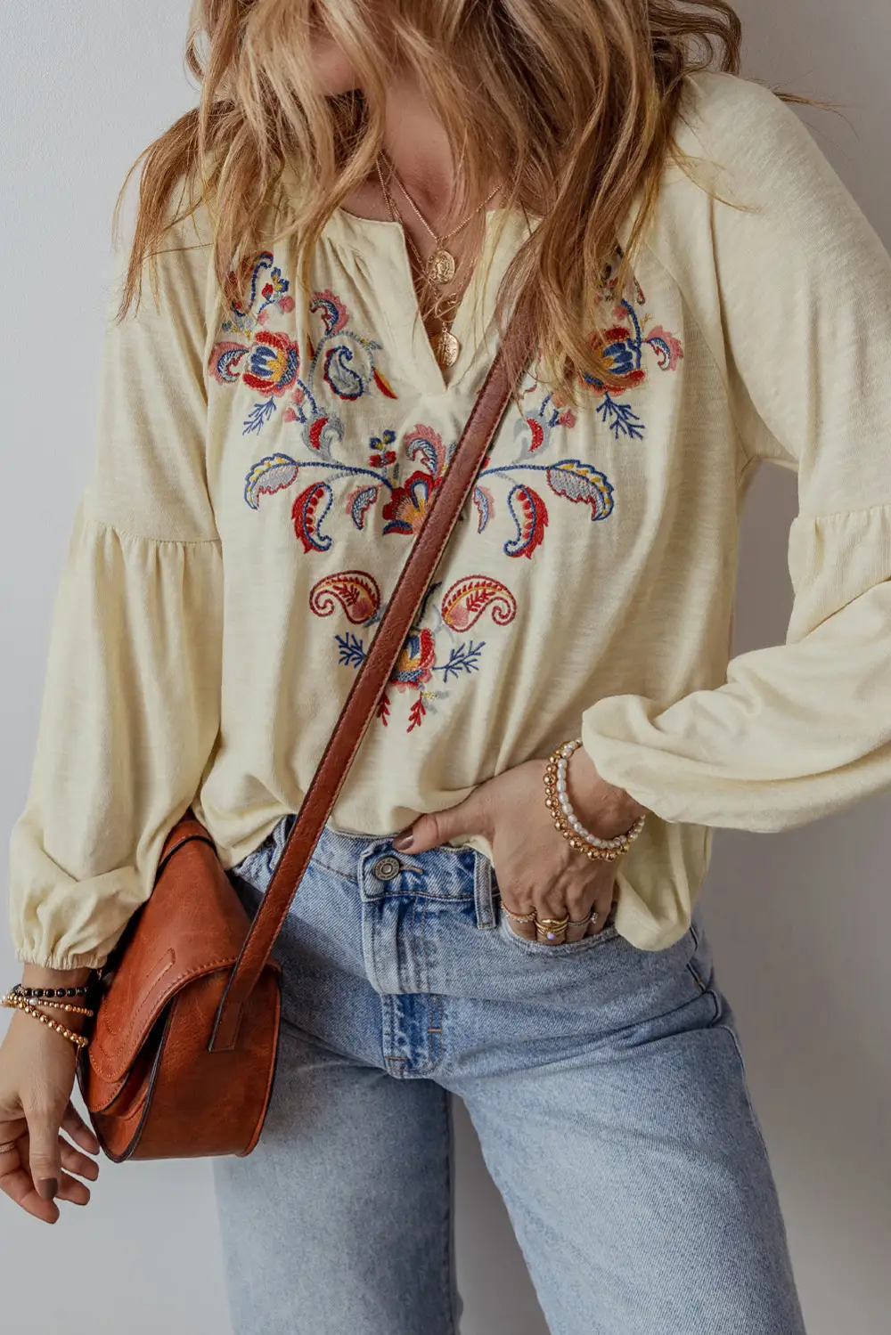 Apricot Paisley Floral Embroidered Notch V Neck Blouse
