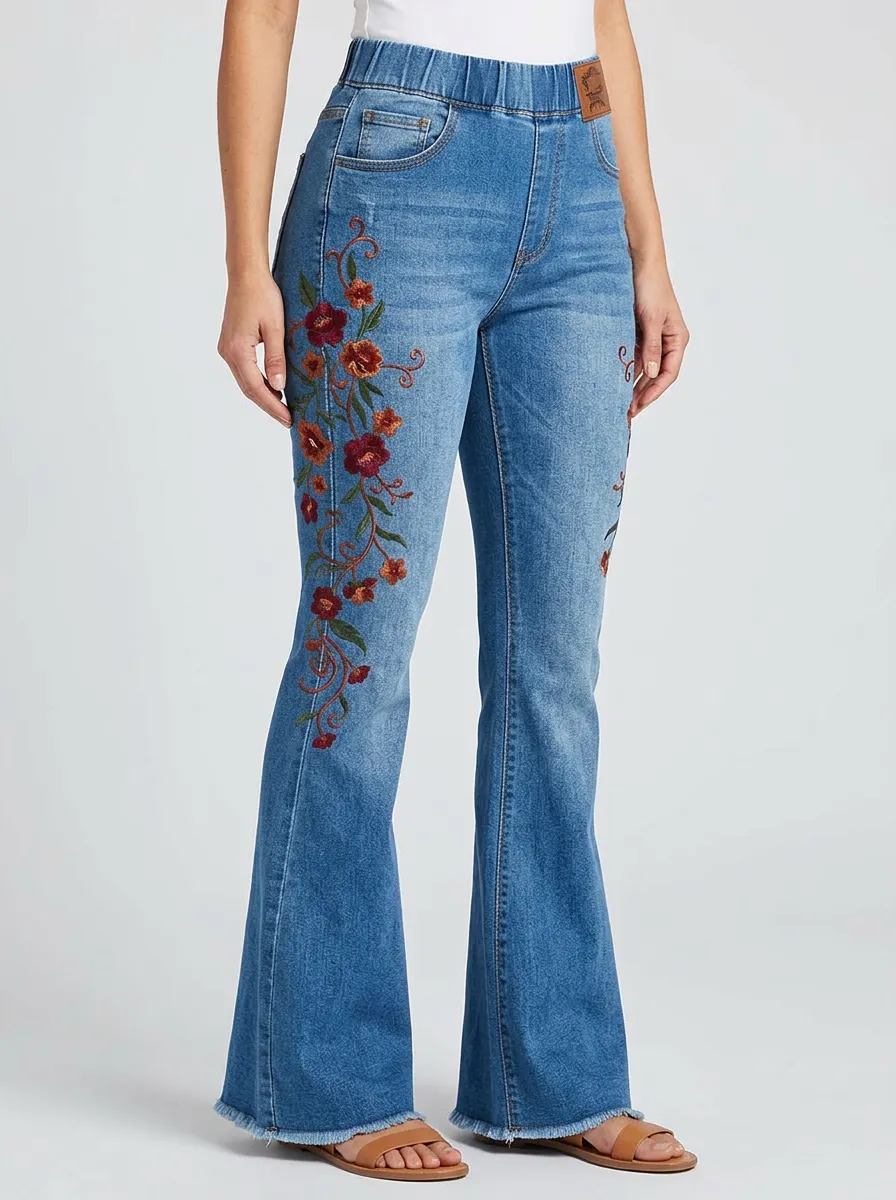 Women's Medium Wash Floral Embroidery High-Rise Flare Jeans