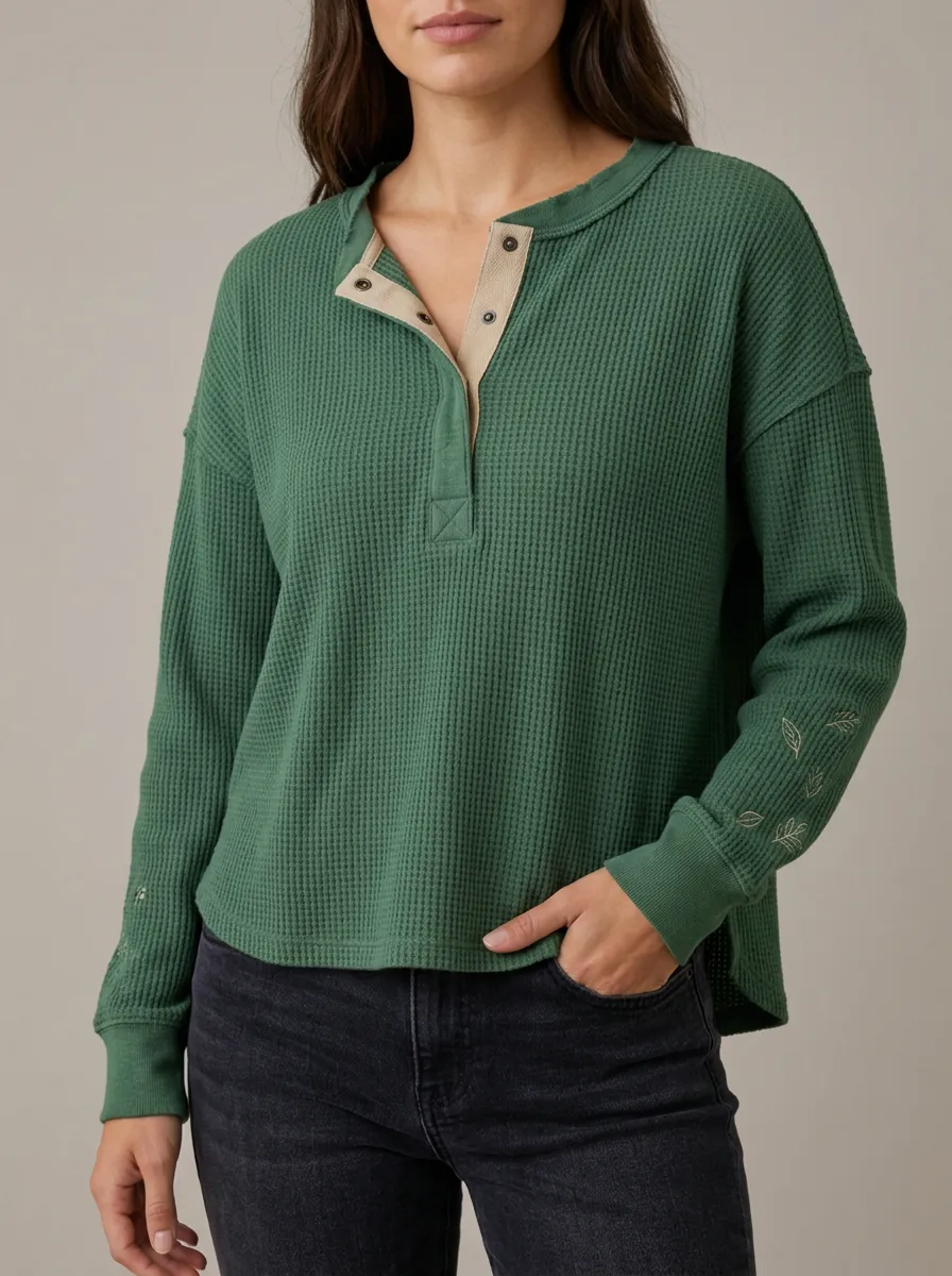 Relaxed Everyday Waffle Knit Leaf Embroidered Henley Top