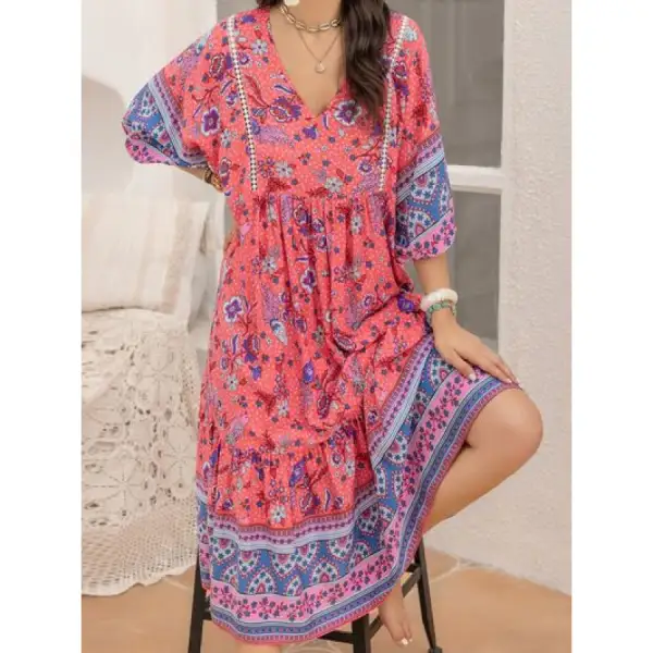 Printed Puff Sleeve Midi Dress