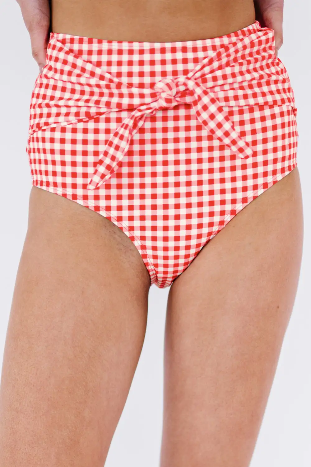 Swimwear Black Polka/Red Plaid/Multicolor Stripes Dot Print Front Tie High Waist Bikini Bottoms