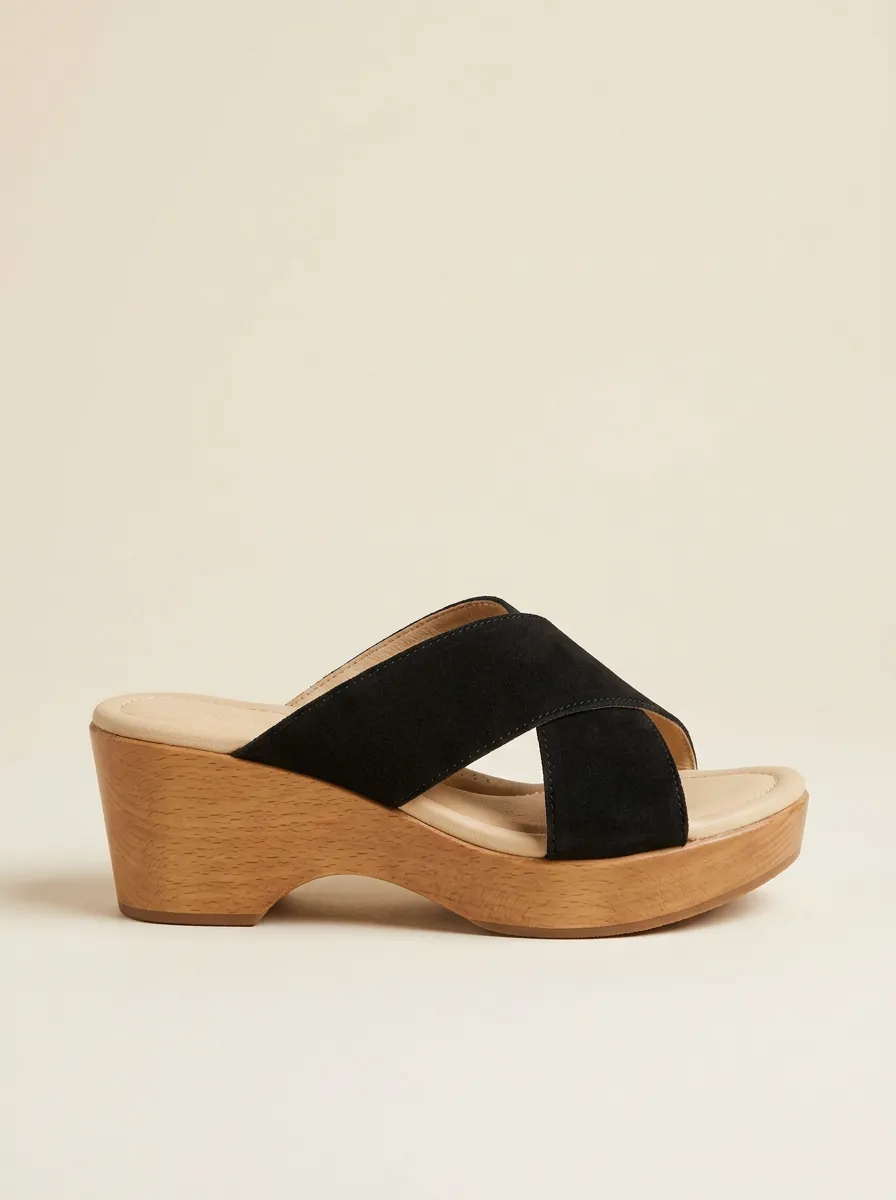 Women's Suede-Finish Crisscross Wood-Effect Platform Clog Sandals