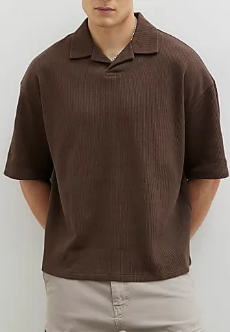 Men's Brown Stylish Ribbed Polo Shirt Short Sleeves