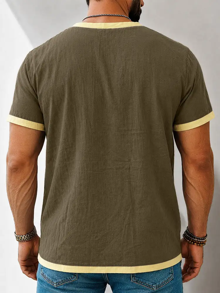 S Contrast Trim Henley Short Sleeve Shirt Cotton Linen