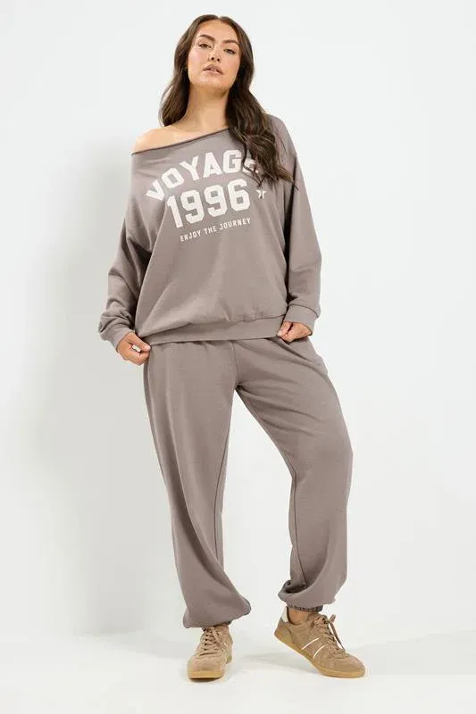 Brown 'Voyage' Off-Shoulder Sweatshirt & Jogger Set