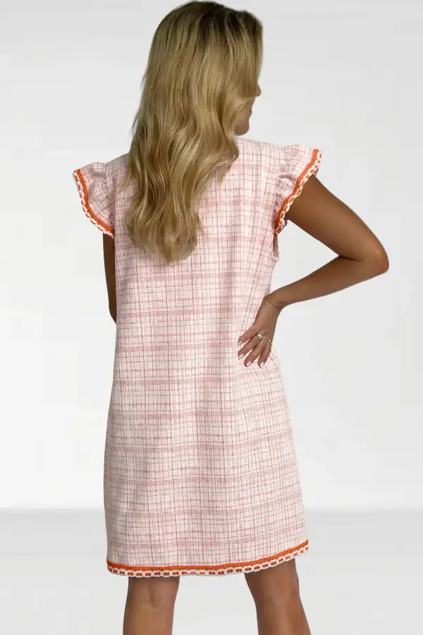 Jacquard Textured Contrast Trim Short Sleeve Tassel Tie Shift Dress