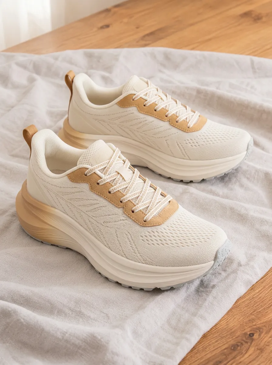 Women's Beige Neutral Minimalist Mesh Printed Sneakers