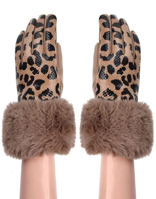 Leopard Print Fur Trim Gloves
