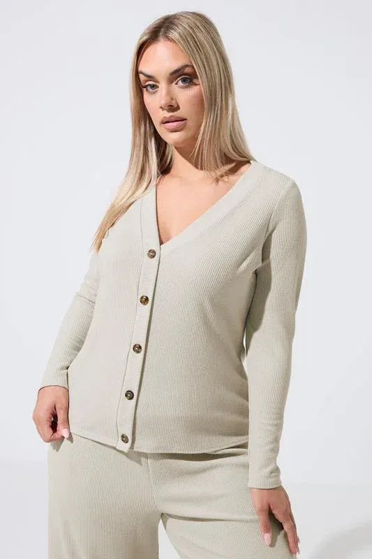 Plus Size Beige Ribbed Button Cardigan