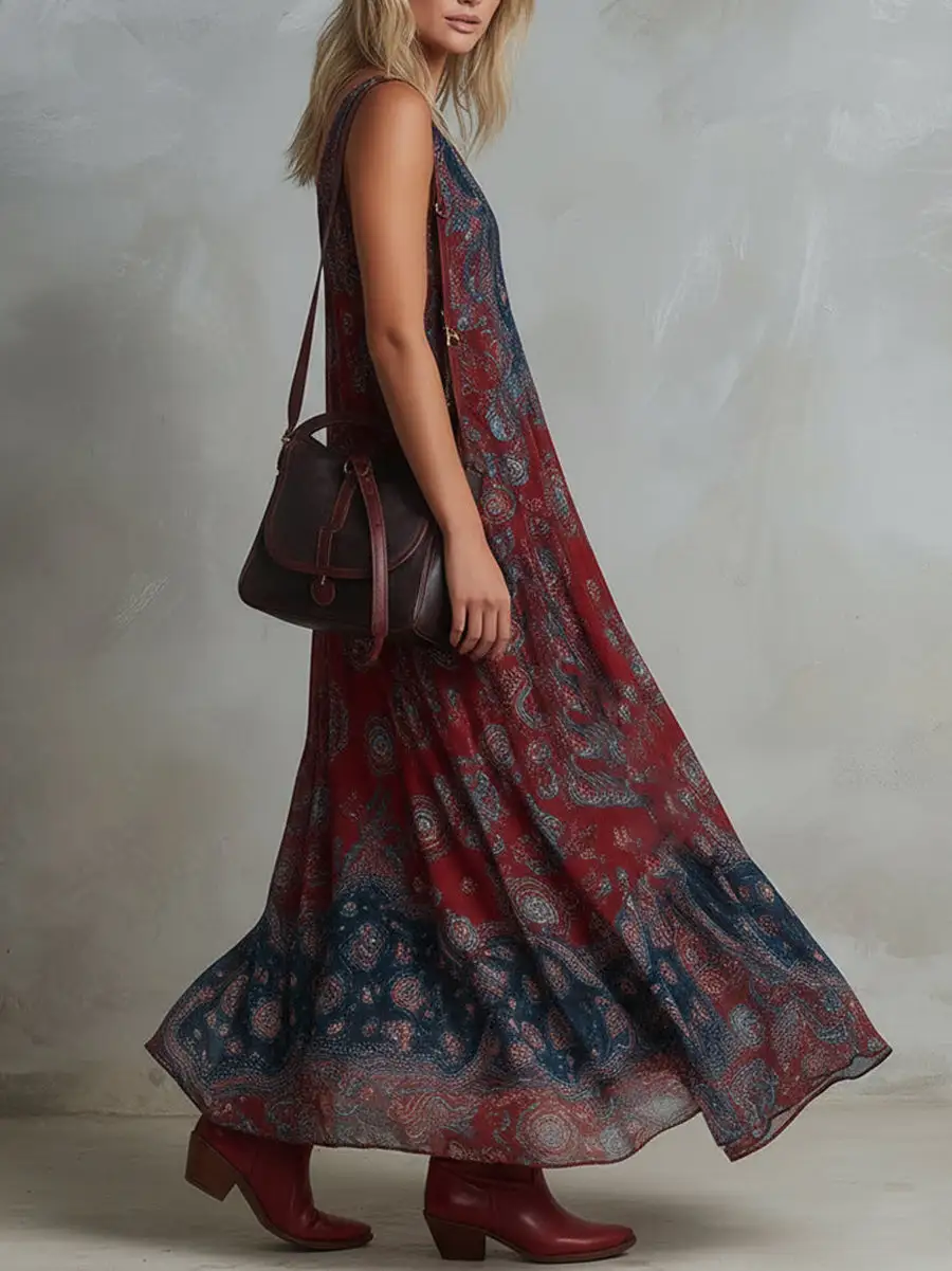 Pleated Printed Sleeveless Neck Maxi Dress