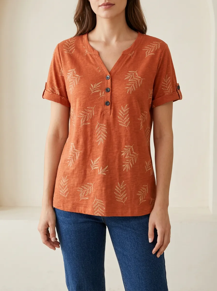Women's Folk Botanical Leaf Pattern Printed Button V-Neck T-Shirt