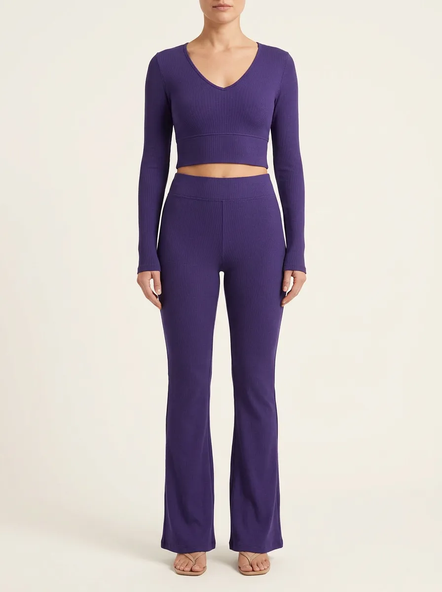 Women's Ribbed V-Neck Crop Top and Clean-Waist Flare Pant Set