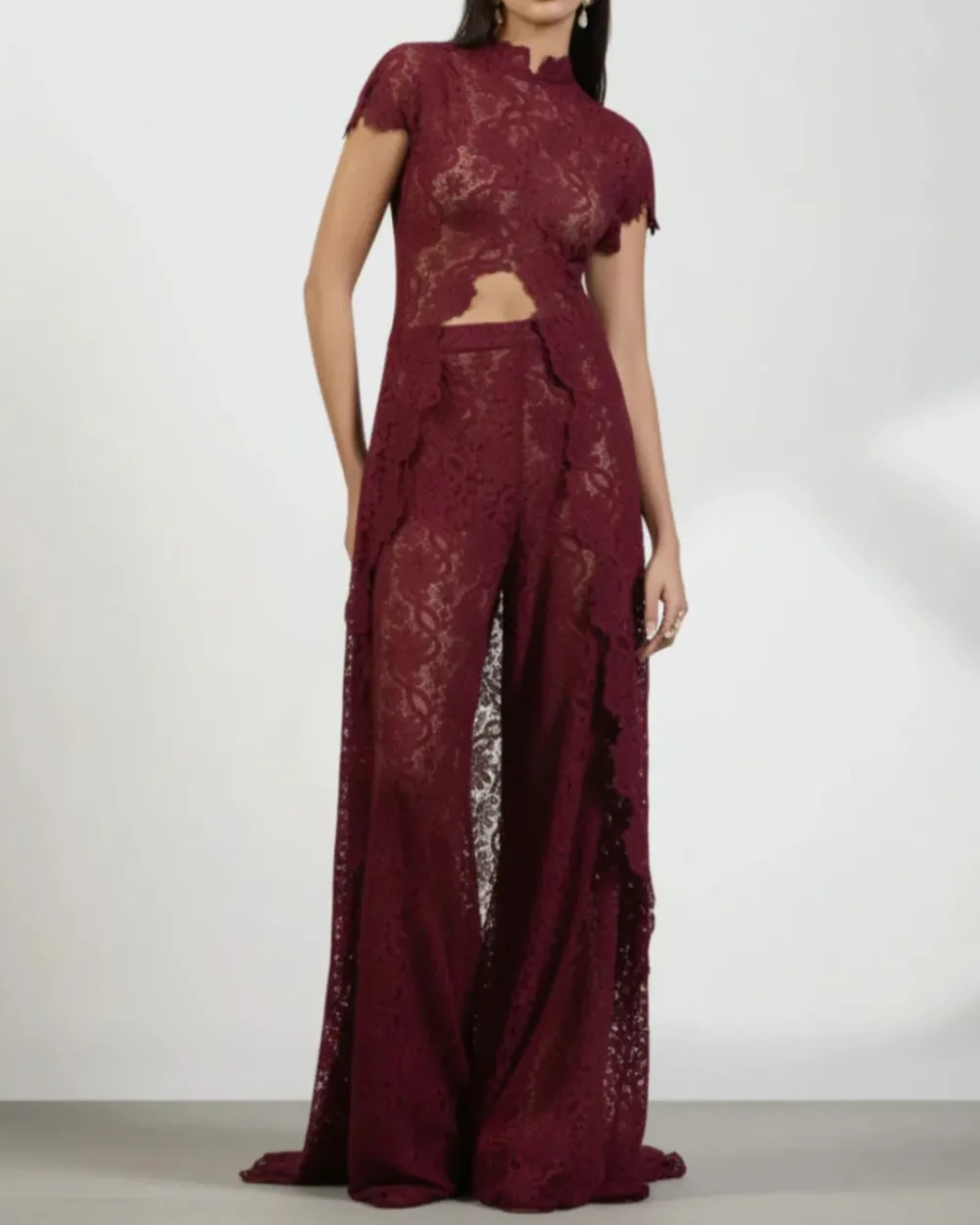Elegant Lace Ensemble High Neck Intricate Lace Cut-Out Set