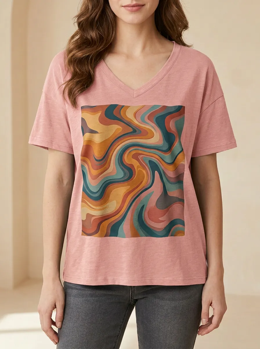 Women's Retro Aesthetic Abstract Swirl Printed V-Neck T-Shirt