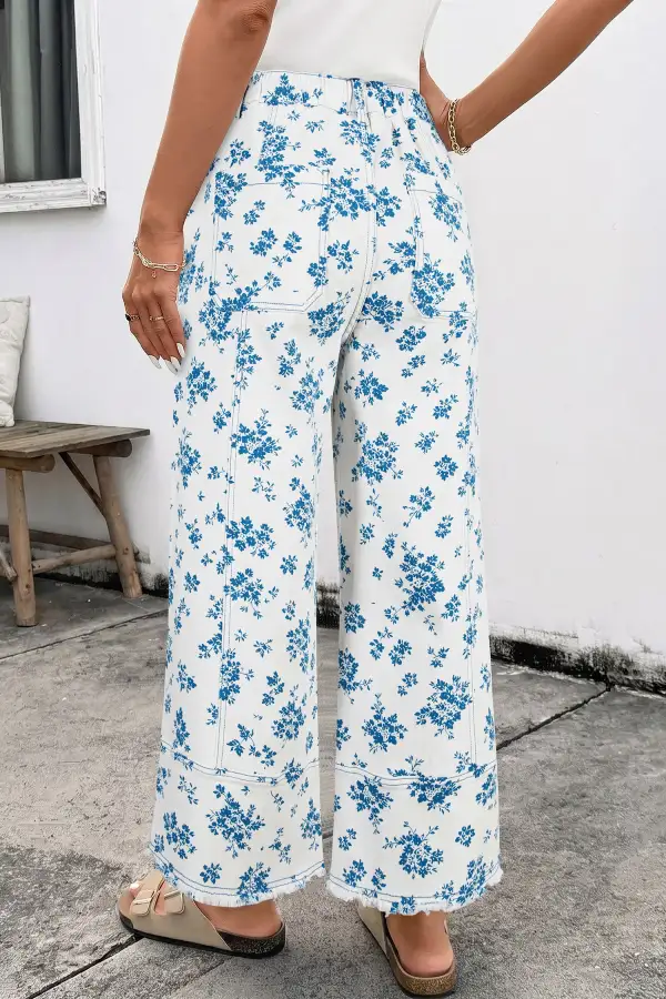 Women's Floral Print Tie Waist Straight Leg Jeans