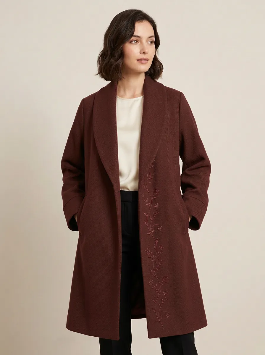 Women's Olive Green Floral Embroidered Pattern Coat