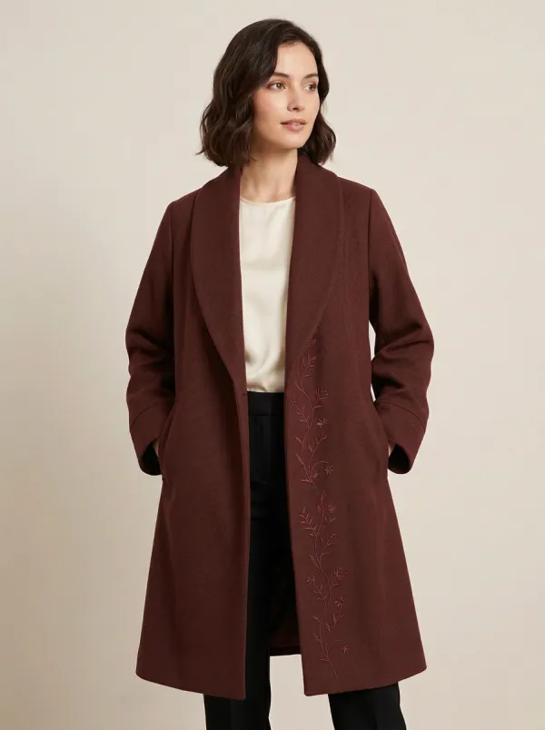 Women's Olive Green Floral Embroidered Pattern Coat