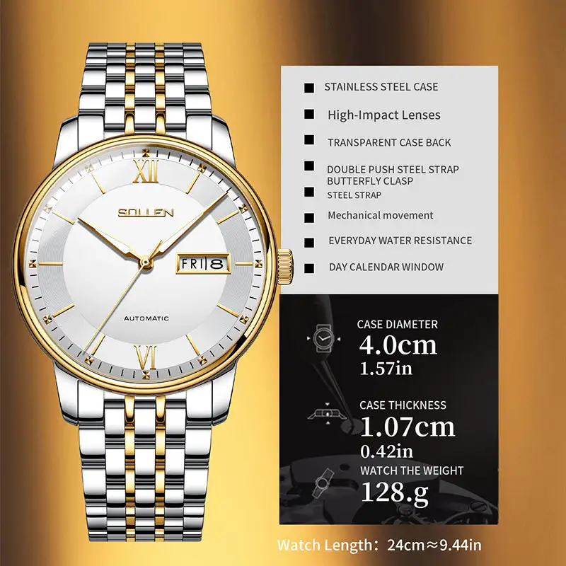 Sollen 9050 Automatic Watch - Men's Dual Calendar Sunray Dial 9-Bead Stainless Steel Bracelet Wristwatch