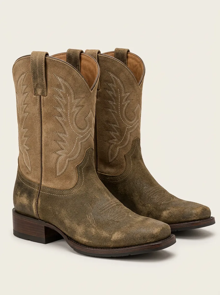 Men's Red Cowboy Boots with Suede and Embroidered Detail