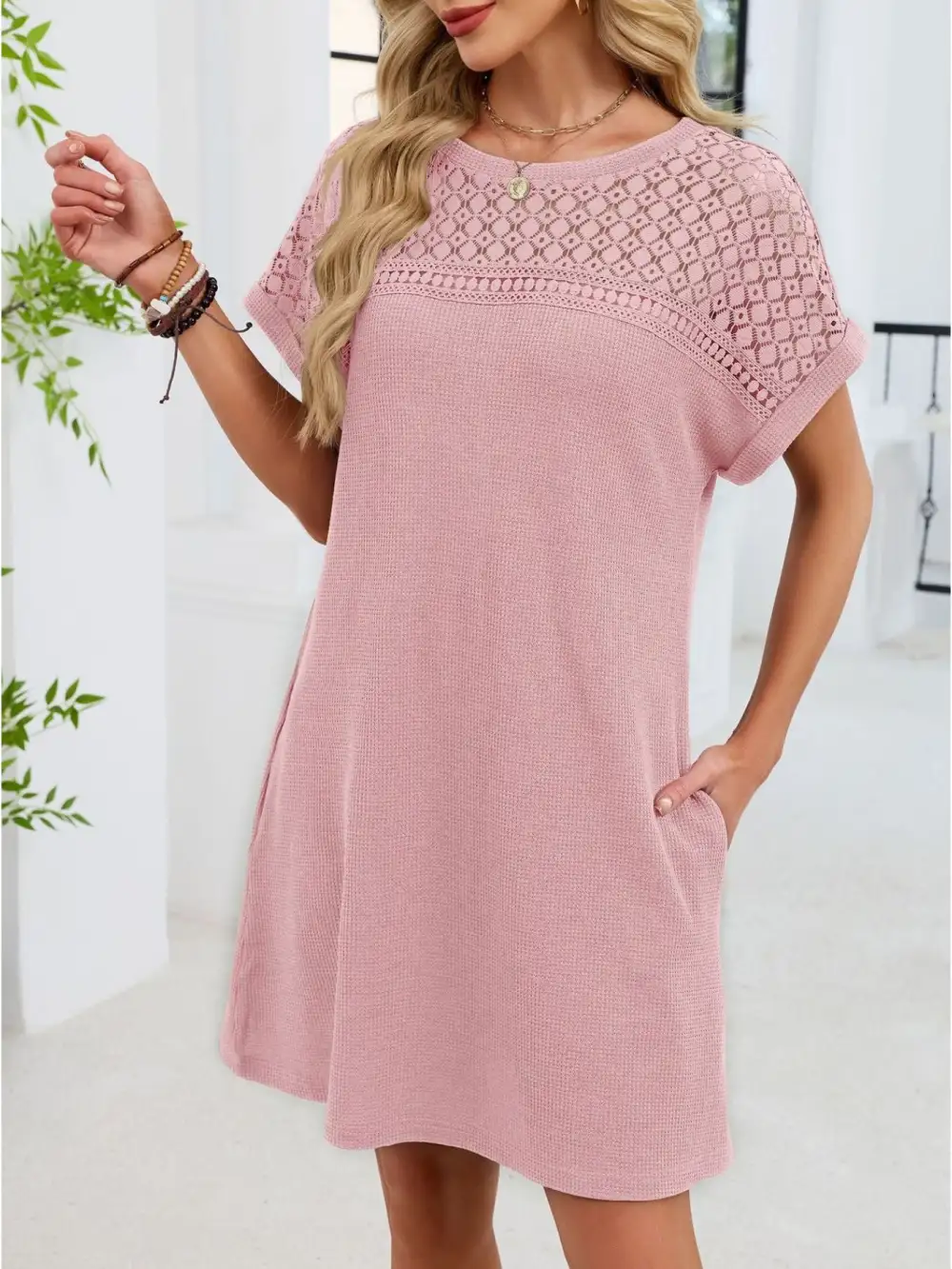 Lace Round Neck Short Sleeve Shirt Dress