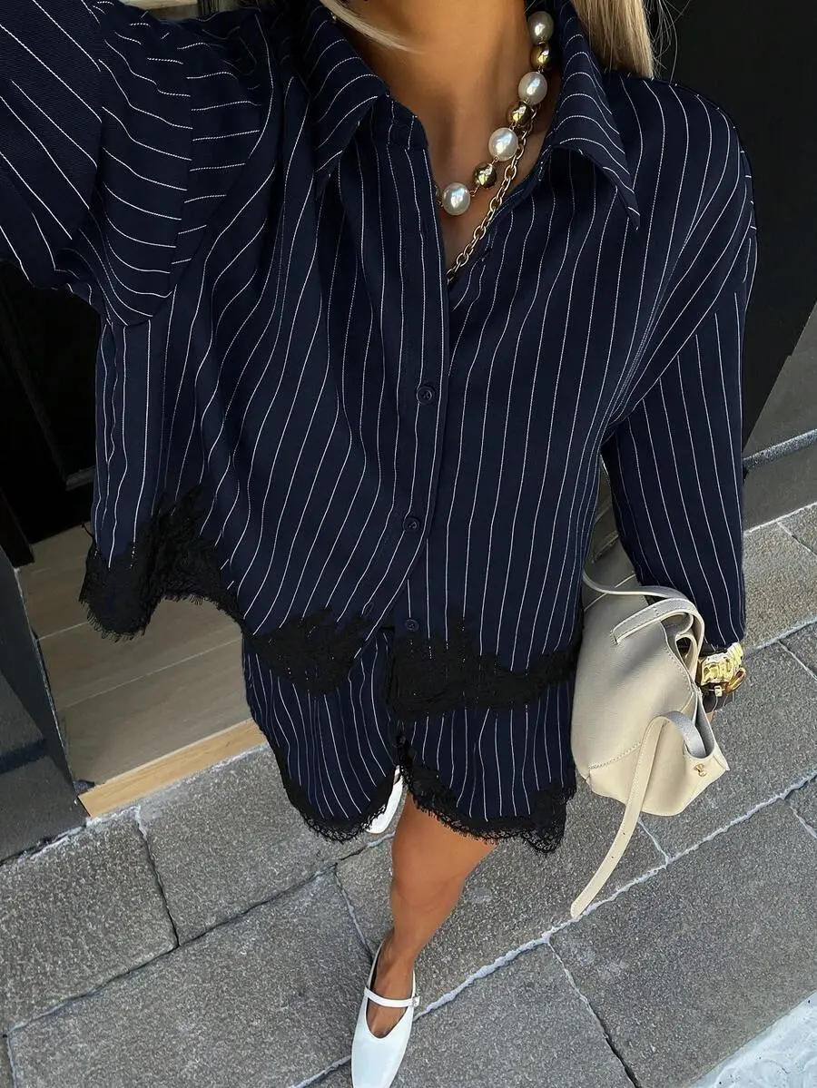 Drawstring Long-Sleeve Buttoned Women's Matching Set
