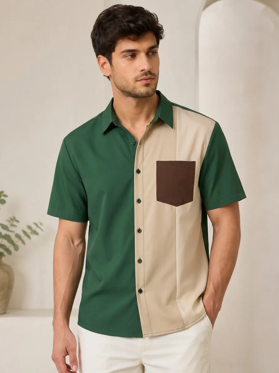 Men's Minimalist Colorblock Patch Pocket Button Down Shirt