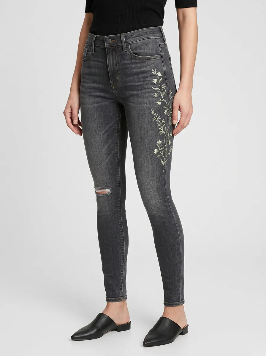 Women's Floral Grey Embroidered Printed Skinny Jeans
