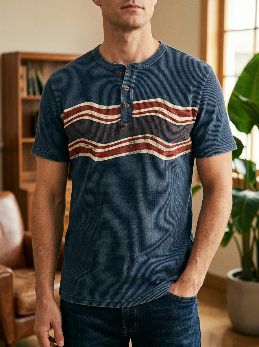 Men's Waffle Knit Vintage Checkered Wave Printed Henley Shirt