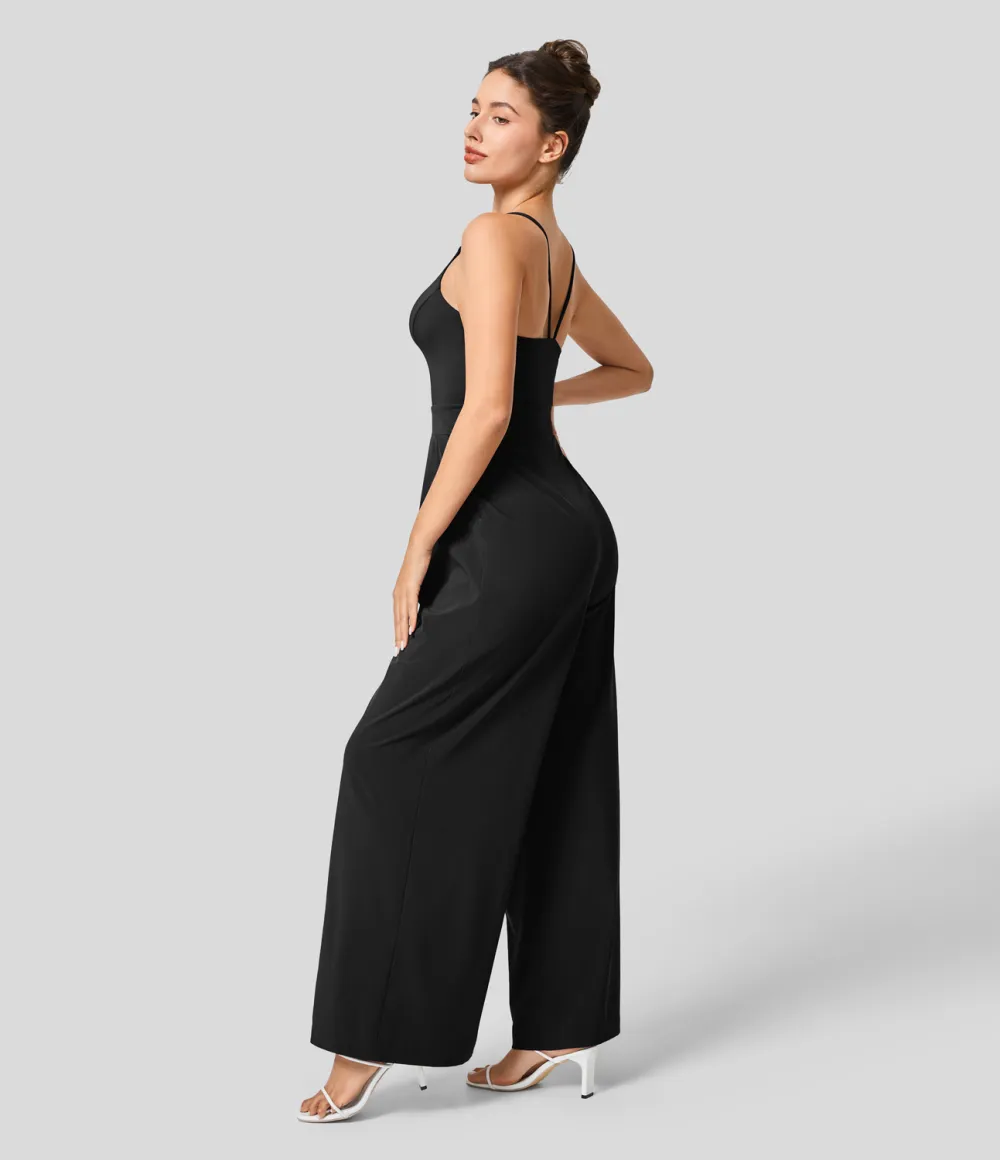 Breezeful Backless Side Invisible Zipper Pocket Wide Leg Quick Dry Resort Slip Jumpsuit