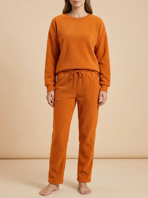 Women's Ribbed-Cuff Crewneck Sweatshirt And Drawstring Trouser Fleece Lounge Set