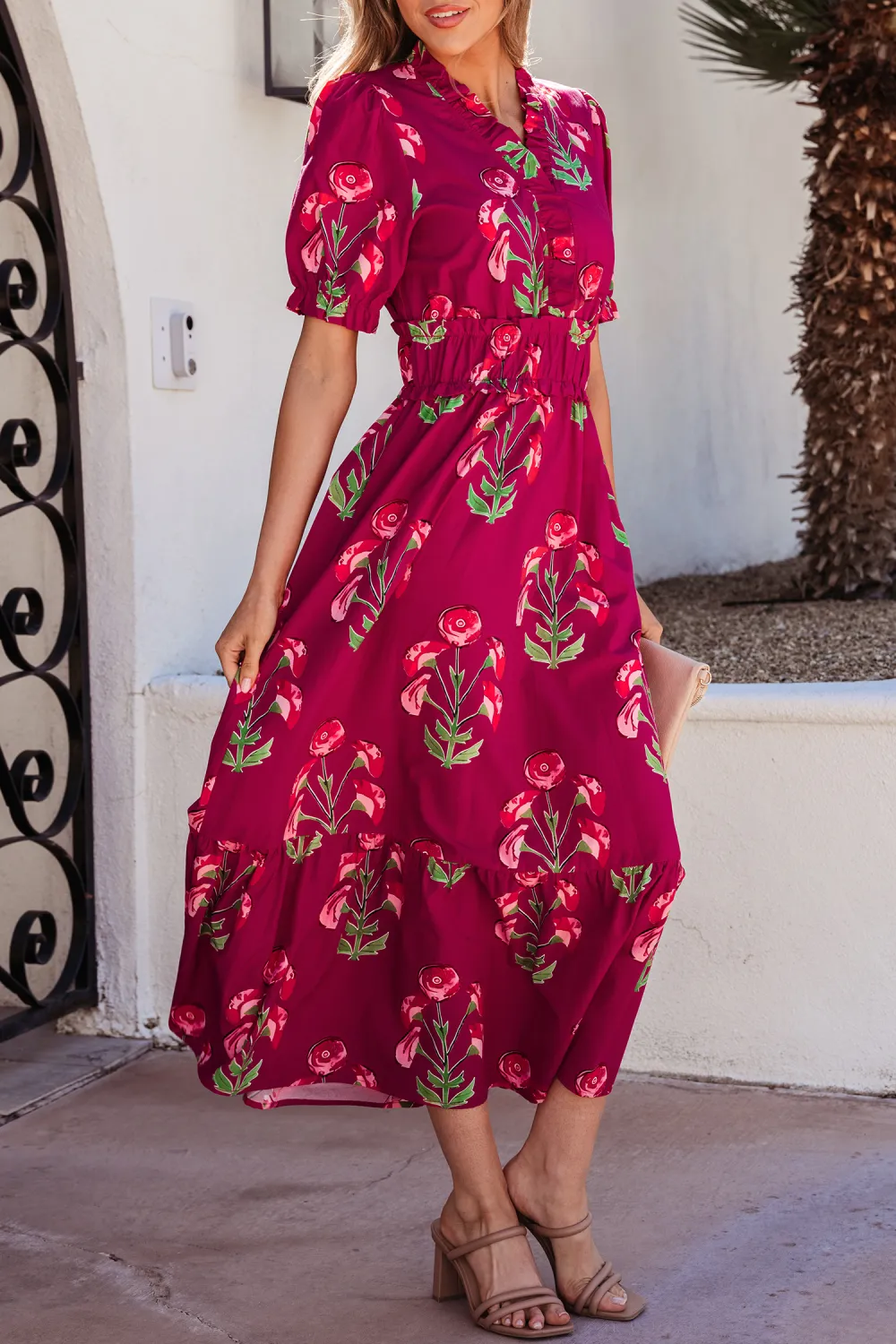 Red Floral Ruffle Maxi Dress
