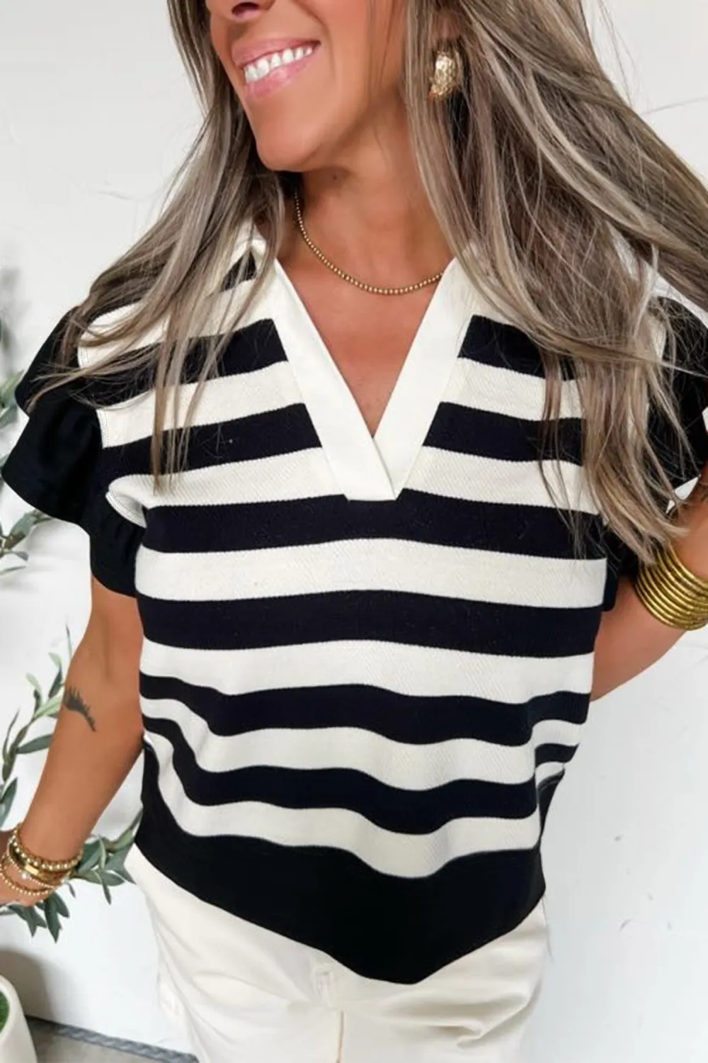 Black Stripe Collar V Neck Blouse