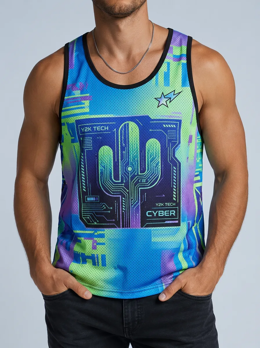 Men's Y2K Cyber Tech Cactus Printed Tank Top