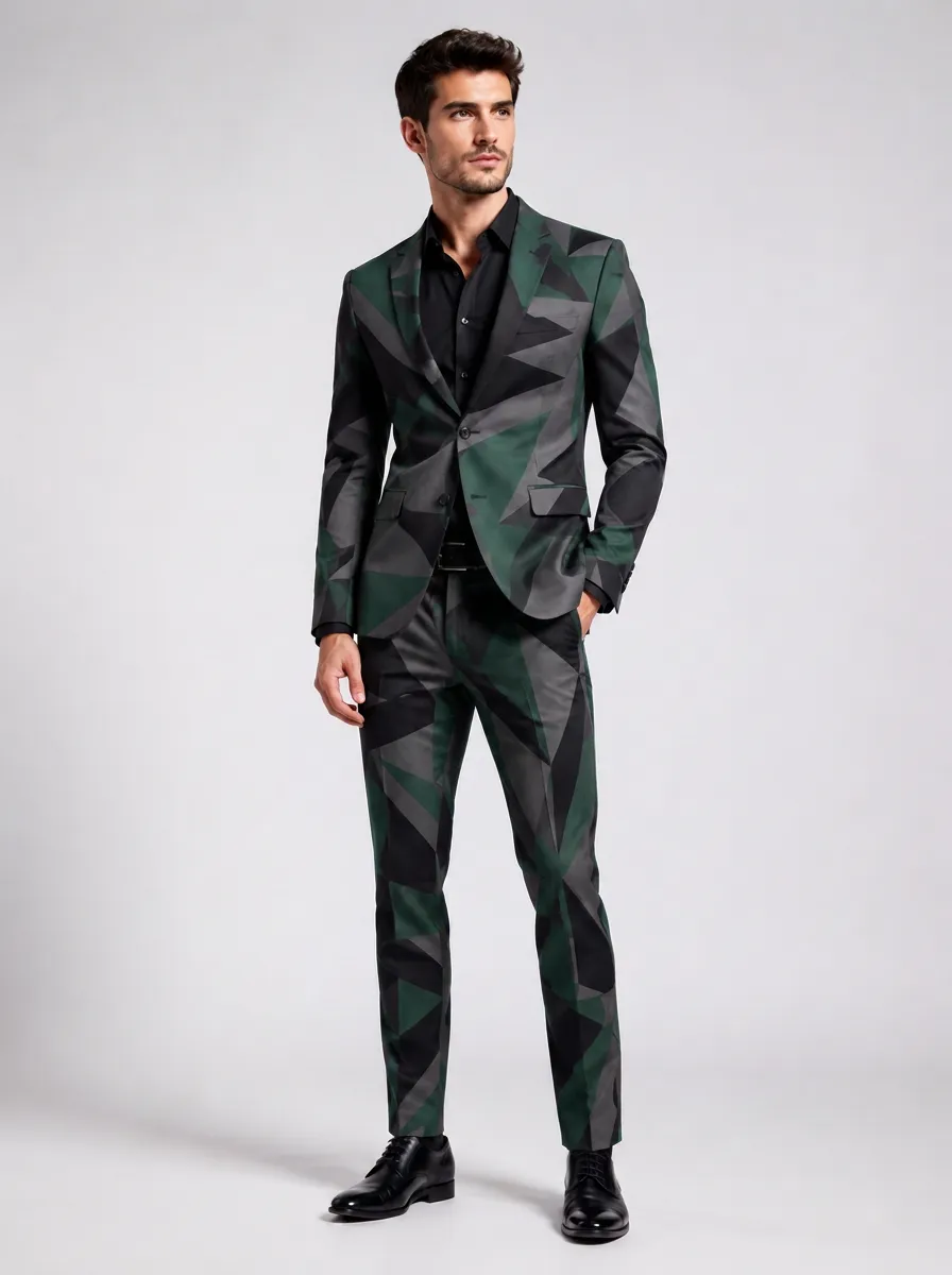 Men's Geometric Pattern Green Black Printed Blazer Jacket