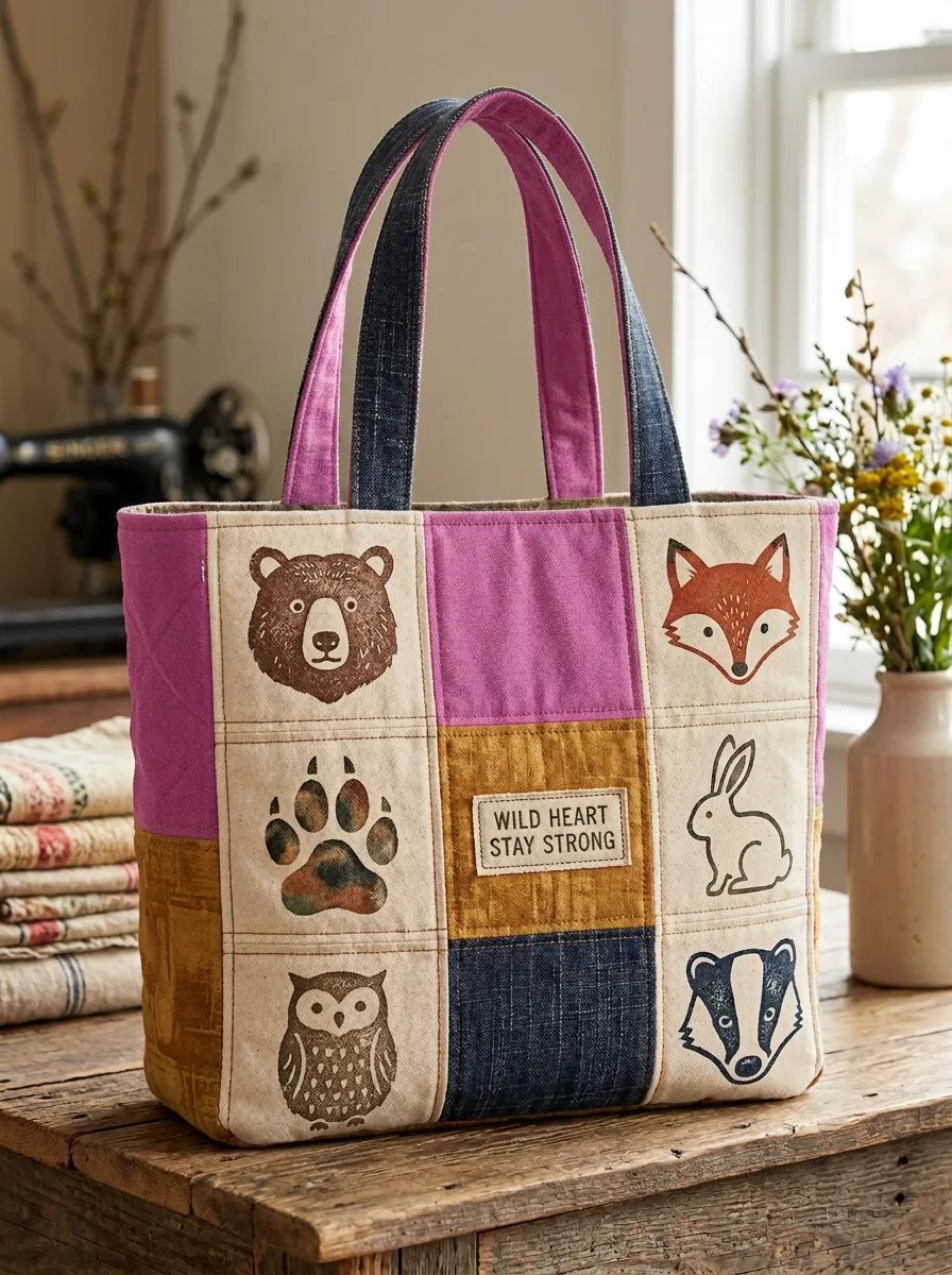 Nature Lover Forest Animal Patchwork Printed Tote Bag