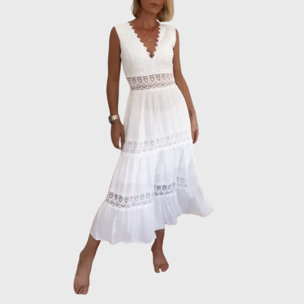 V-Neck Lace Sleeveless Midi Dress