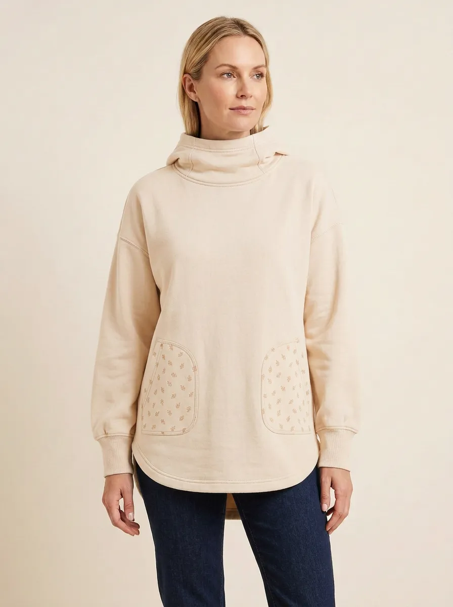 Women's Floral-Pattern Patch-Pocket Funnel-Neck High-Low Hoodie