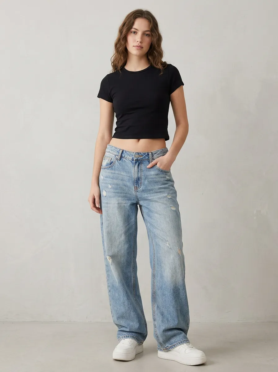 Women's Distressed Wide Leg Jeans Trousers in Neutral