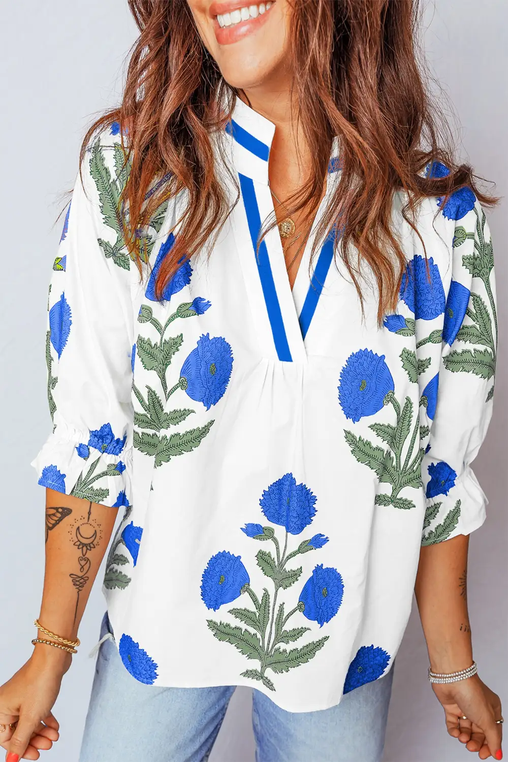 Women's Floral Print Flower Motif V Neck Top
