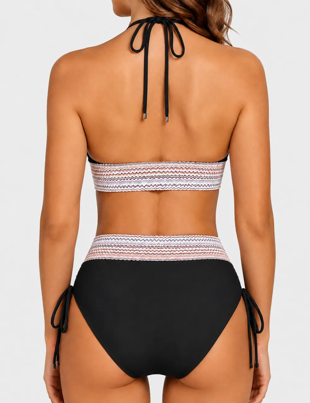 Deep V Neck Colorful Zigzag Smocked Trim Bikini Set