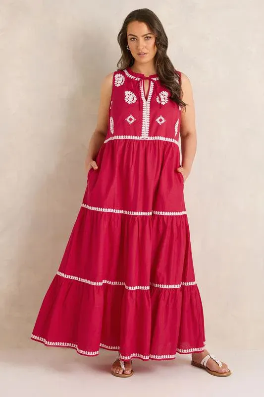 Red Embellished Cotton Maxi Dress