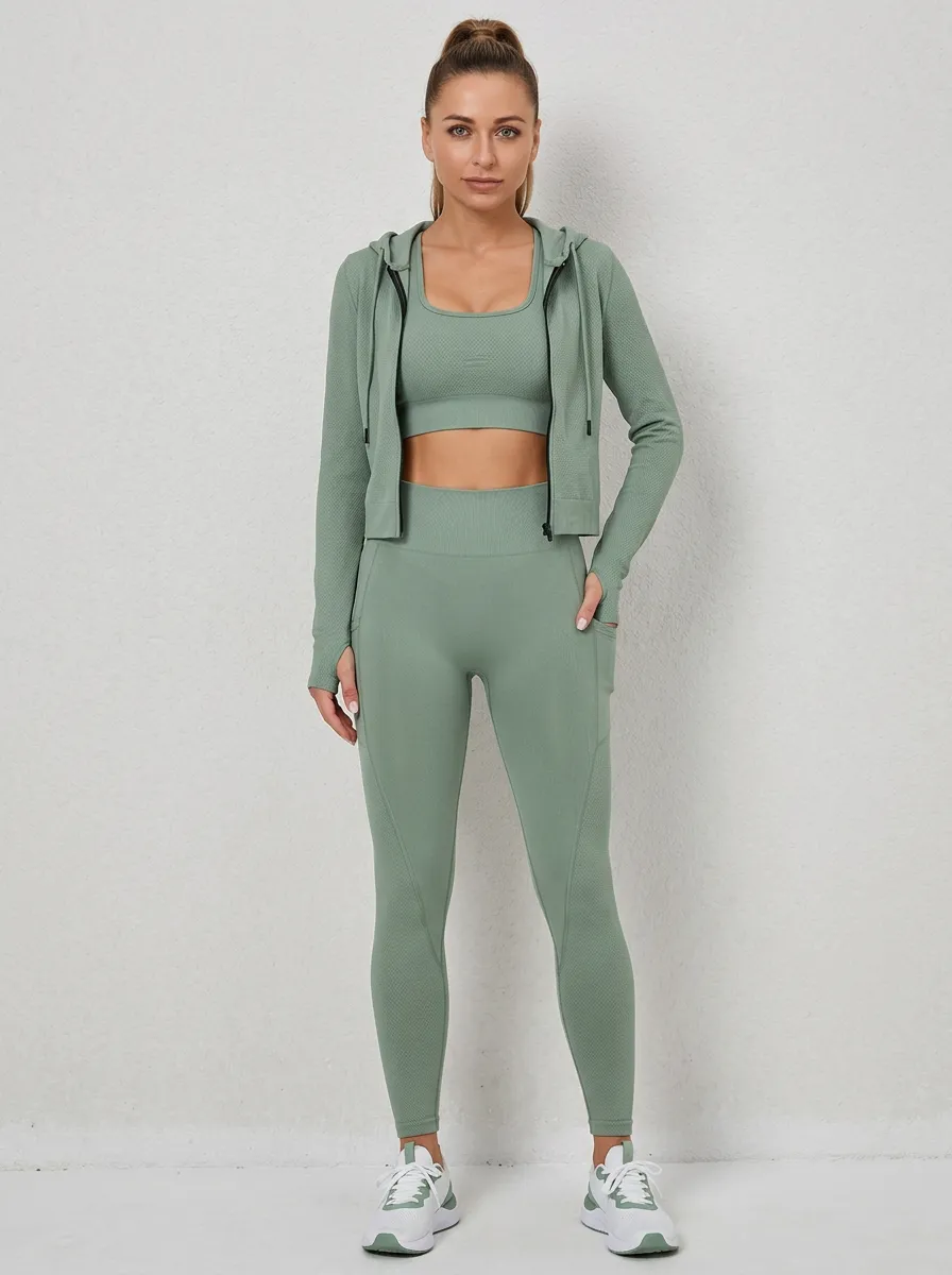 Training Textured Detail Seamless Design Design Women's Three Piece Activewear Set