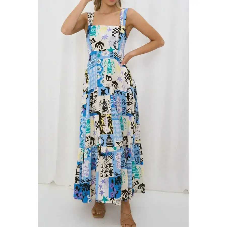 Classic Printed Square Neck Wide Strap Maxi Dress