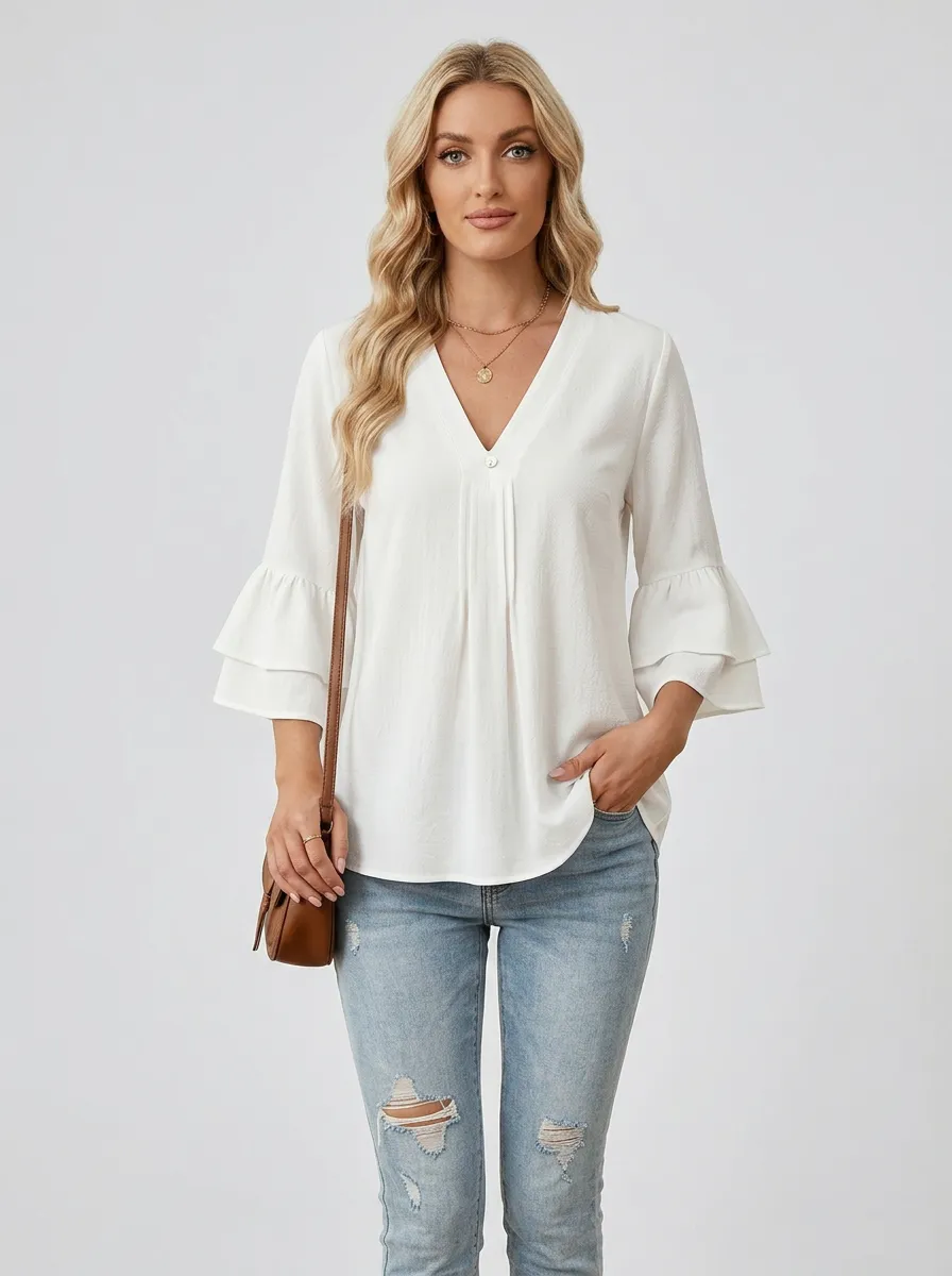 V-Neck Layered Ruffle Sleeve Blouse