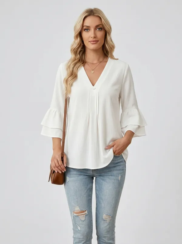 V-Neck Layered Ruffle Sleeve Blouse