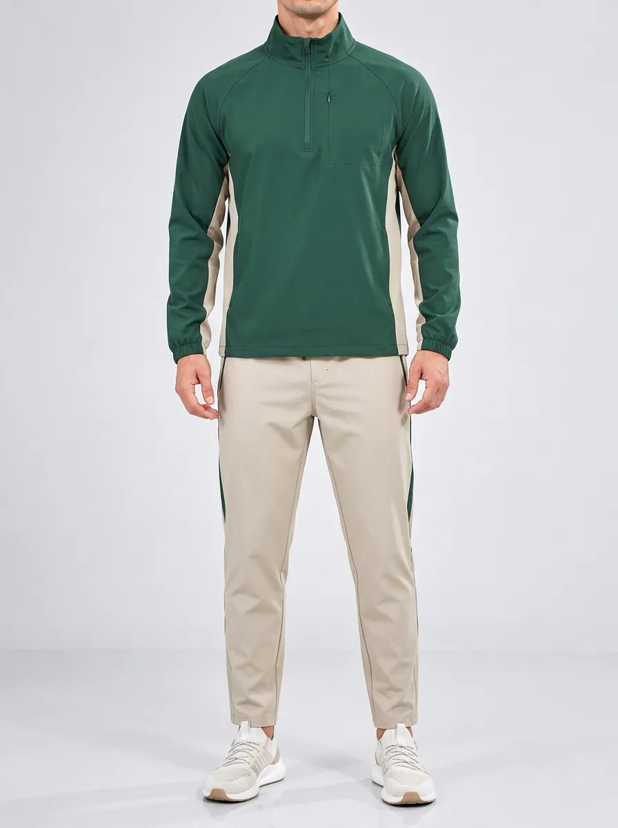Men's Casual Quarter Zip Tracksuit with Colorblock Design